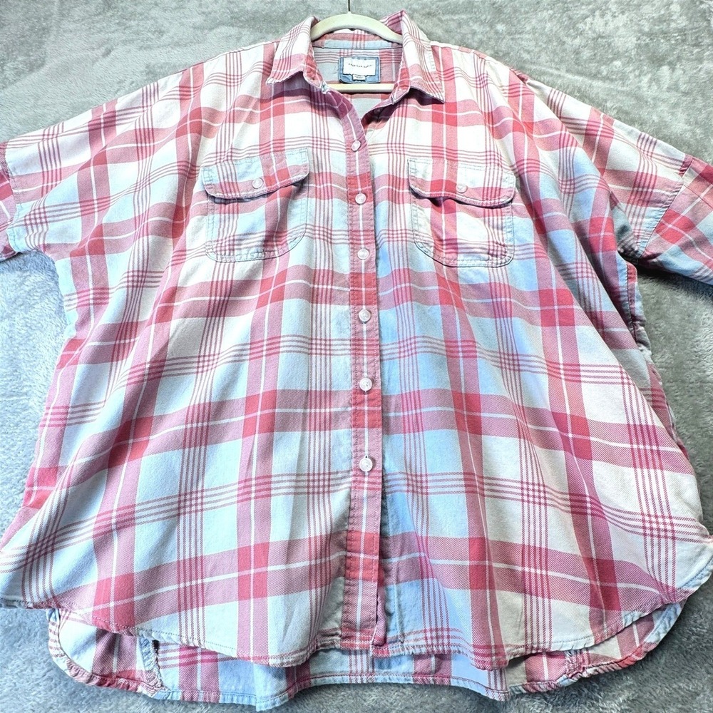 American Eagle Oversized Plaid Shirt Womens XL Pink Blue Cotton Button Down Fall - Picture 2 of 16